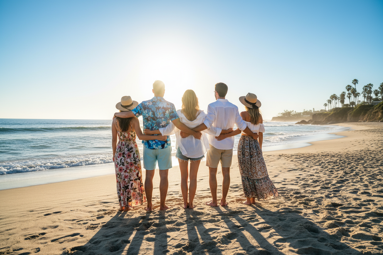 5 Freunde am Strand von hinten